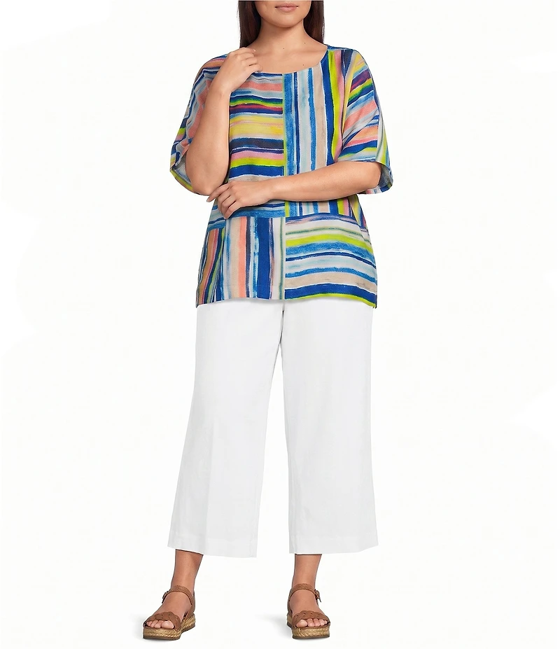Ali Miles Plus Size Woven Stripe Round Neck Short Dolman Sleeve Tunic