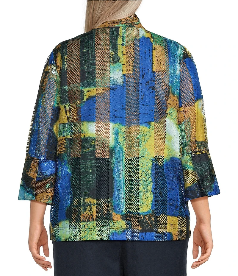 Ali Miles Plus Size Woven Textured Abstract Wire Collar 3/4 Bell Sleeve Button Front Jacket