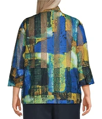 Ali Miles Plus Size Woven Textured Abstract Wire Collar 3/4 Bell Sleeve Button Front Jacket
