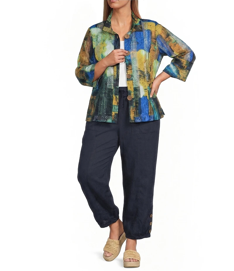 Ali Miles Plus Size Woven Textured Abstract Wire Collar 3/4 Bell Sleeve Button Front Jacket