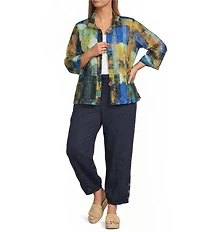 Ali Miles Plus Size Woven Textured Abstract Wire Collar 3/4 Bell Sleeve Button Front Jacket