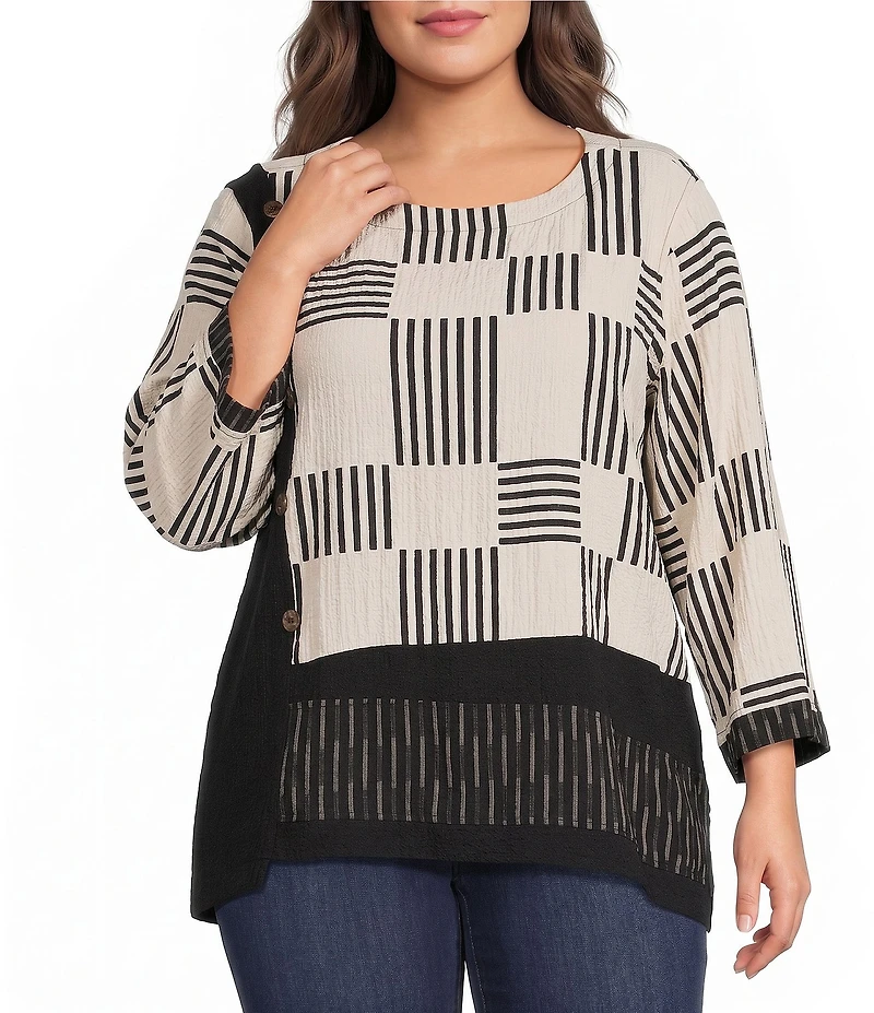 Ali Miles Plus Size Woven Textured Chopstick Print Round Neck 3/4 Sleeve Uneven Hem Popover