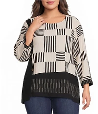 Ali Miles Plus Size Woven Textured Chopstick Print Round Neck 3/4 Sleeve Uneven Hem Popover