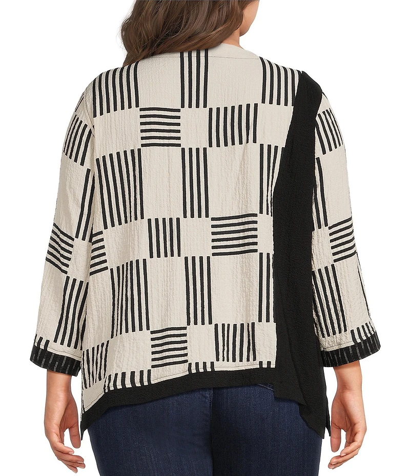 Ali Miles Plus Size Woven Textured Chopstick Print Round Neck 3/4 Sleeve Uneven Hem Popover