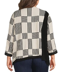 Ali Miles Plus Size Woven Textured Chopstick Print Round Neck 3/4 Sleeve Uneven Hem Popover