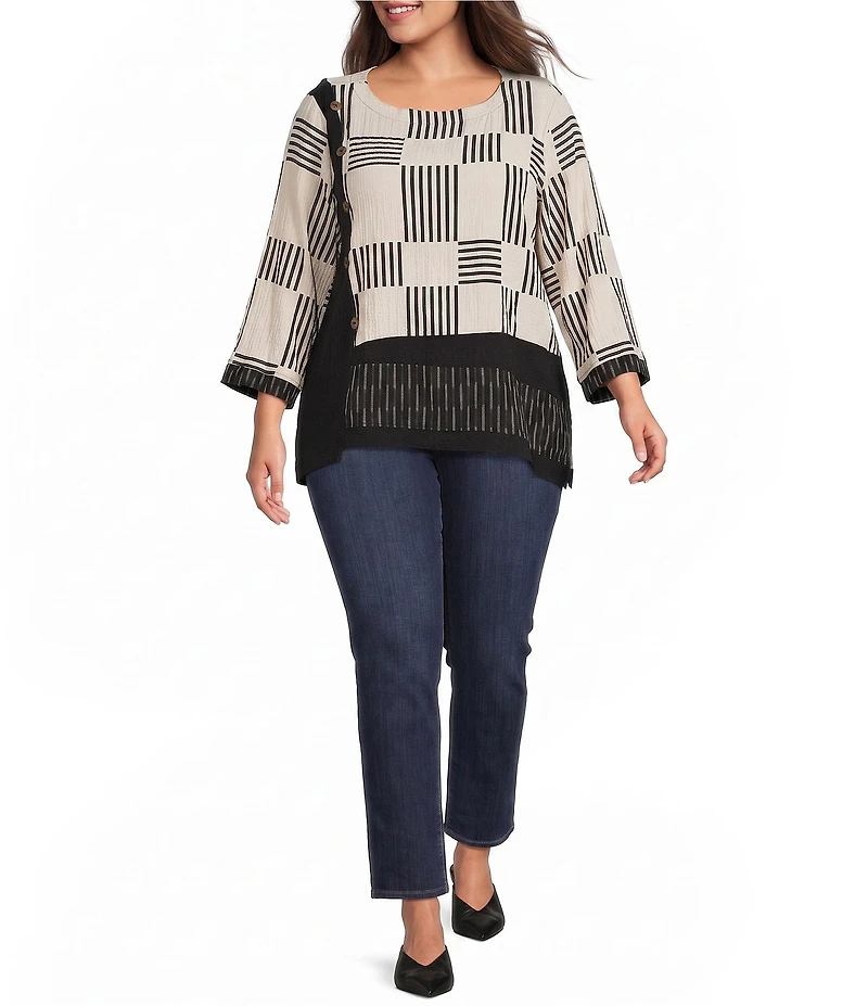 Ali Miles Plus Size Woven Textured Chopstick Print Round Neck 3/4 Sleeve Uneven Hem Popover