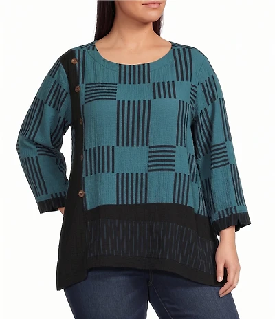 Ali Miles Plus Size Woven Textured Chopstick Print Round Neck 3/4 Sleeve Uneven Hem Popover