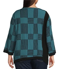 Ali Miles Plus Size Woven Textured Chopstick Print Round Neck 3/4 Sleeve Uneven Hem Popover