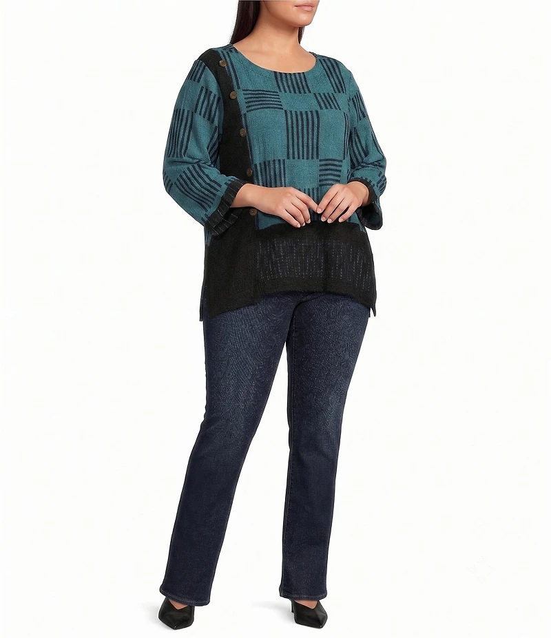 Ali Miles Plus Size Woven Textured Chopstick Print Round Neck 3/4 Sleeve Uneven Hem Popover