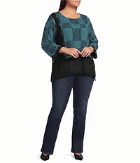 Ali Miles Plus Size Woven Textured Chopstick Print Round Neck 3/4 Sleeve Uneven Hem Popover