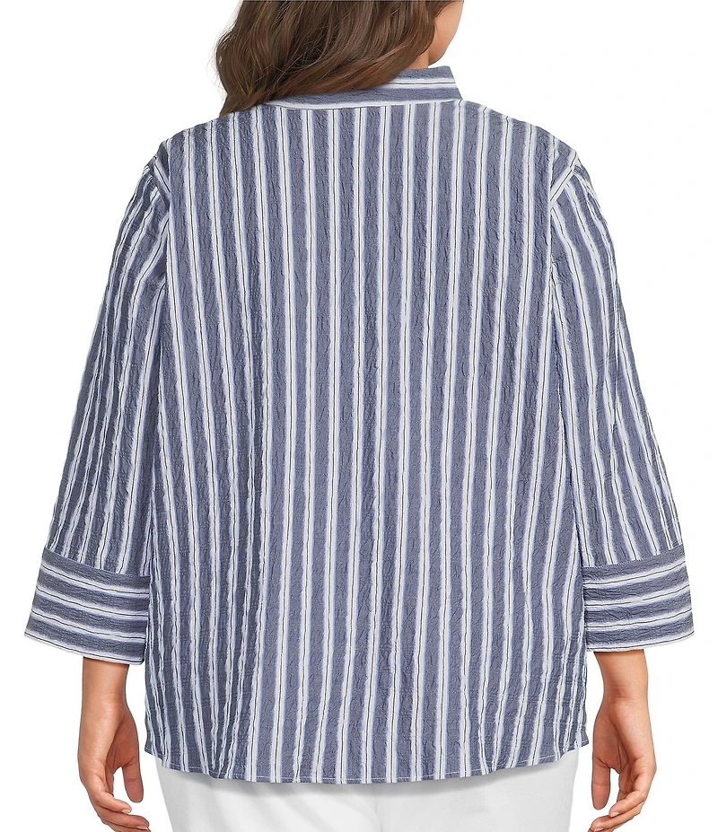 Ali Miles Plus Size Woven Textured Stripe Banded Collar 3/4 Sleeve Top