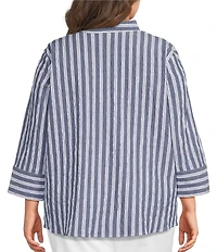 Ali Miles Plus Size Woven Textured Stripe Banded Collar 3/4 Sleeve Top