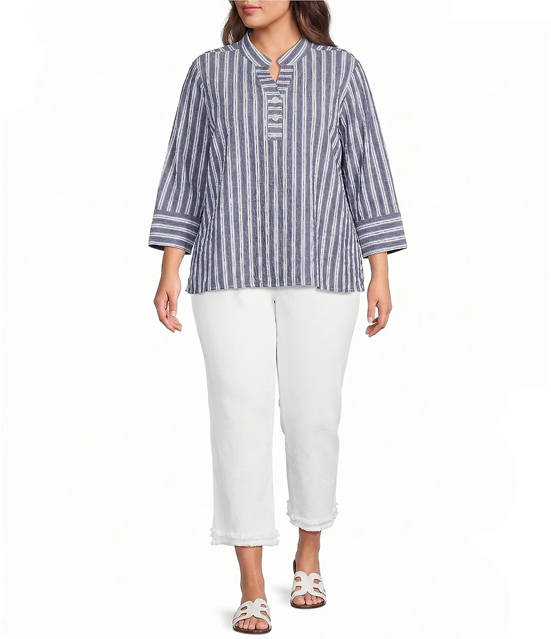 Ali Miles Plus Size Woven Textured Stripe Banded Collar 3/4 Sleeve Top