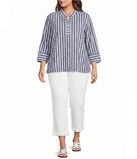 Ali Miles Plus Size Woven Textured Stripe Banded Collar 3/4 Sleeve Top