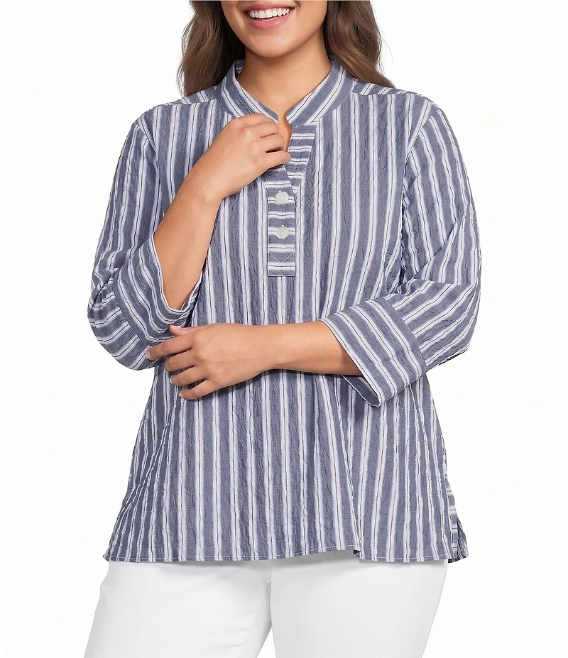 Ali Miles Plus Size Woven Textured Stripe Banded Collar 3/4 Sleeve Top