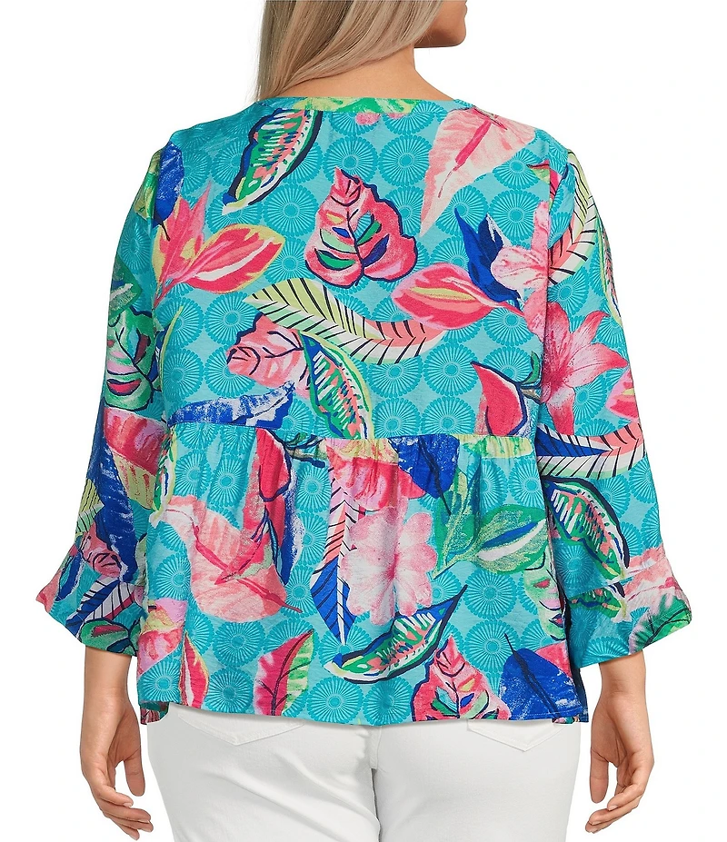Ali Miles Plus Size Woven Tropical Leaf Print Round Neck 3/4 Sleeve Top
