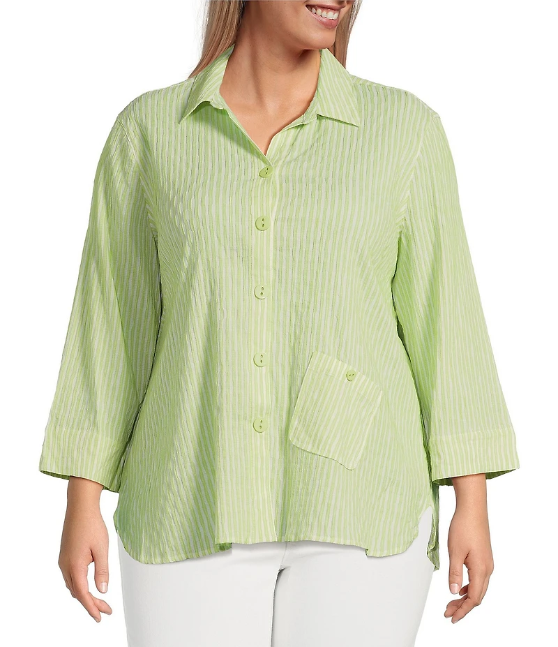 Ali Miles Plus Size Woven Yarn-Dye Striped Wire Neck 3/4 Sleeve Hi-Low Hem Button Front Tunic