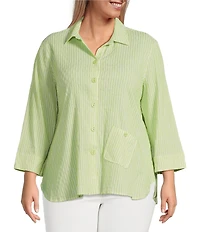 Ali Miles Plus Size Woven Yarn-Dye Striped Wire Neck 3/4 Sleeve Hi-Low Hem Button Front Tunic