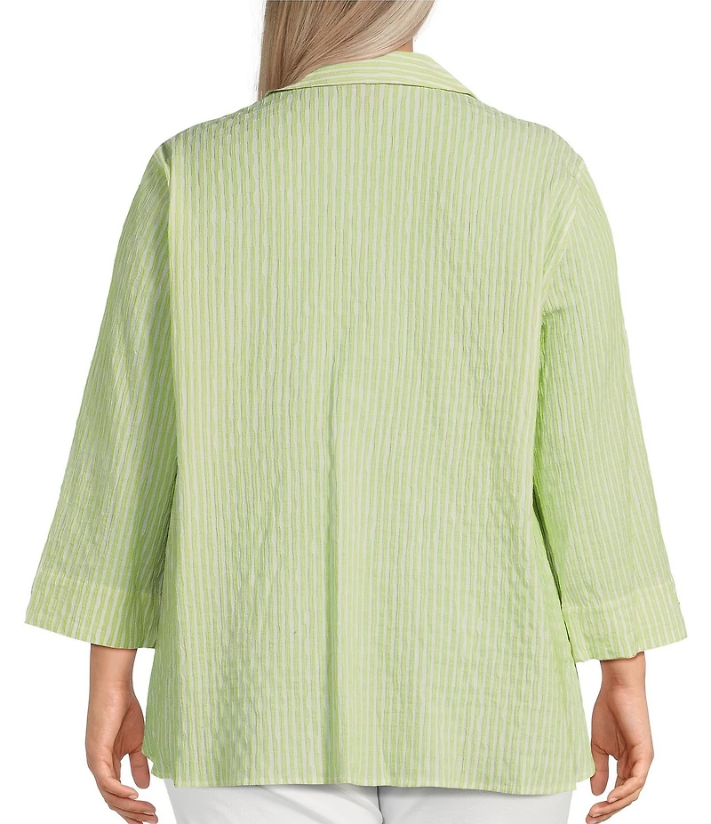 Ali Miles Plus Size Woven Yarn-Dye Striped Wire Neck 3/4 Sleeve Hi-Low Hem Button Front Tunic
