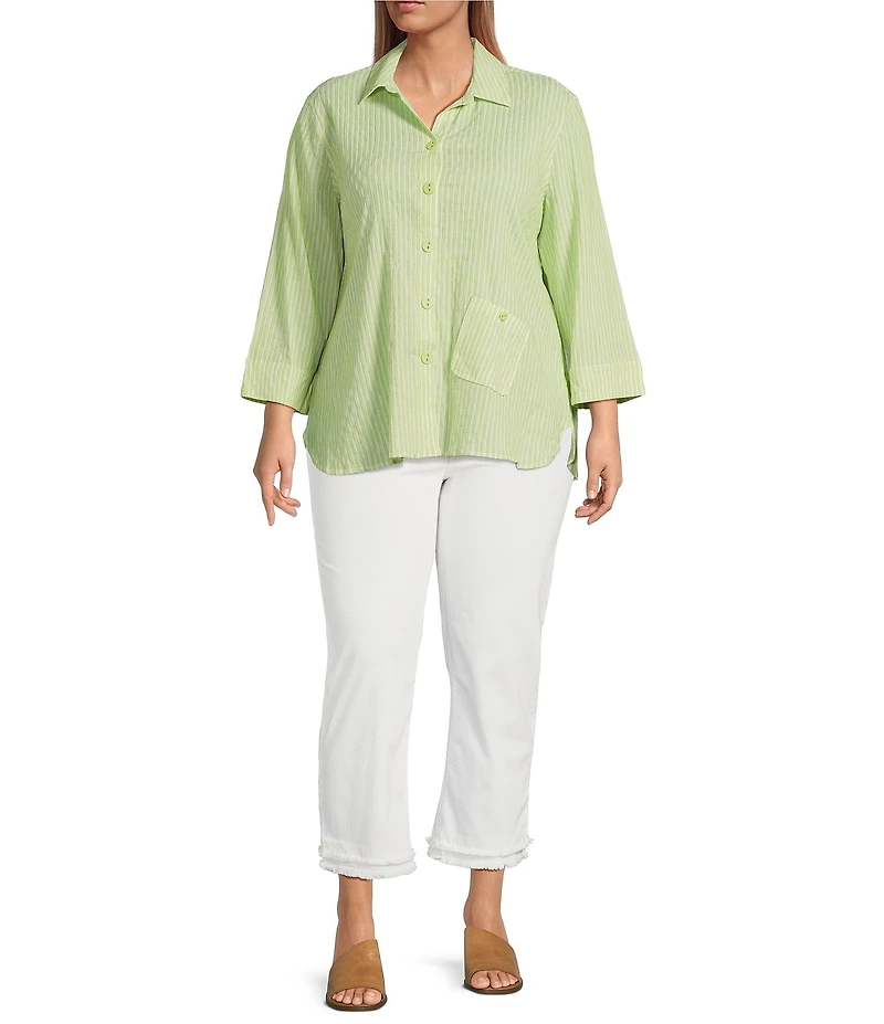 Ali Miles Plus Size Woven Yarn-Dye Striped Wire Neck 3/4 Sleeve Hi-Low Hem Button Front Tunic