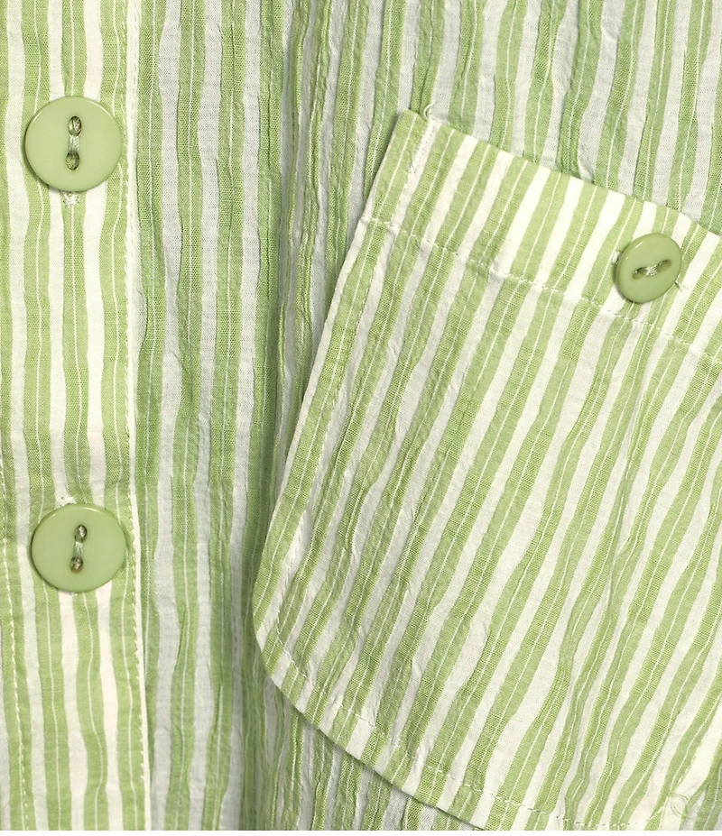 Ali Miles Plus Size Woven Yarn-Dye Striped Wire Neck 3/4 Sleeve Hi-Low Hem Button Front Tunic
