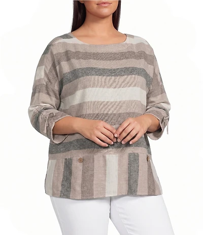 Ali Miles Plus Size Woven Yarn Dyed Stripe Round Neck 3/4 Cinched Sleeve Top