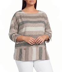 Ali Miles Plus Size Woven Yarn Dyed Stripe Round Neck 3/4 Cinched Sleeve Top