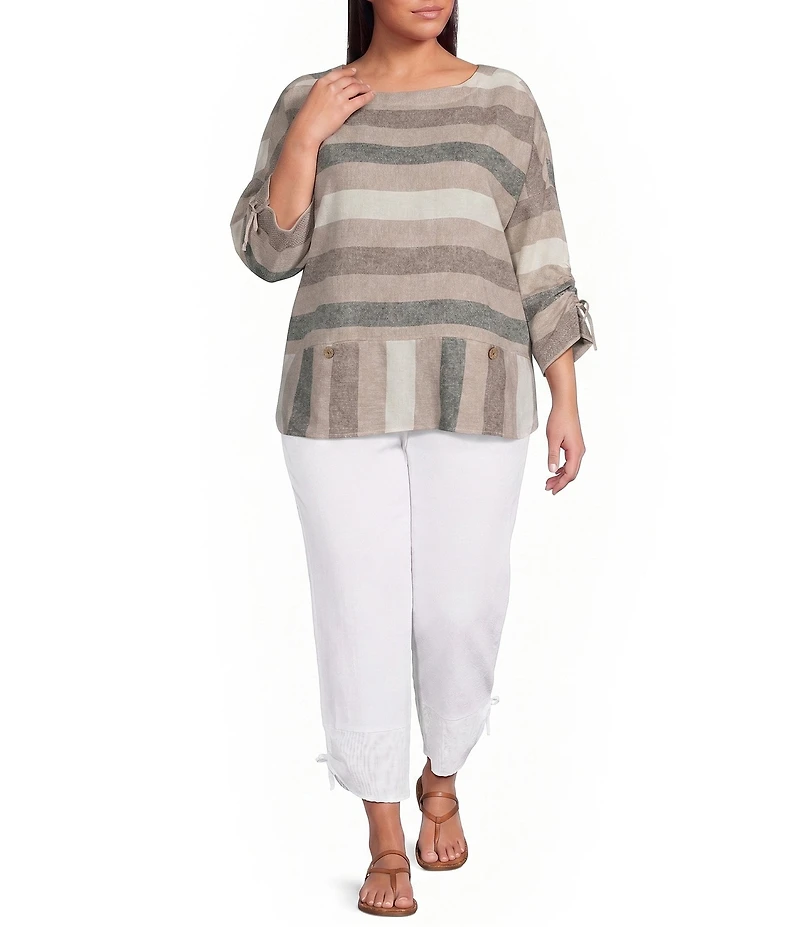 Ali Miles Plus Size Woven Yarn Dyed Stripe Round Neck 3/4 Cinched Sleeve Top