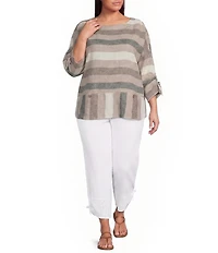 Ali Miles Plus Size Woven Yarn Dyed Stripe Round Neck 3/4 Cinched Sleeve Top