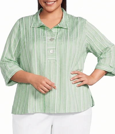 Ali Miles Plus Size Woven Yarn-Dyed Stripe Wire Collar 3/4 Sleeve Button Front Placket Shirt