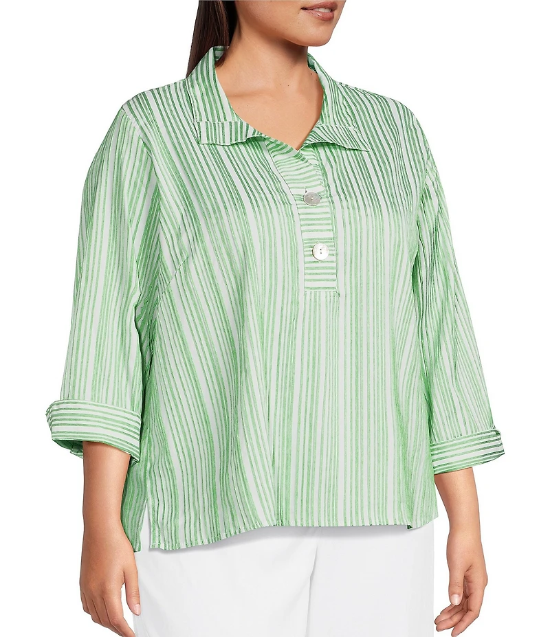 Ali Miles Plus Size Woven Yarn-Dyed Stripe Wire Collar 3/4 Sleeve Button Front Placket Shirt