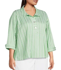Ali Miles Plus Size Woven Yarn-Dyed Stripe Wire Collar 3/4 Sleeve Button Front Placket Shirt