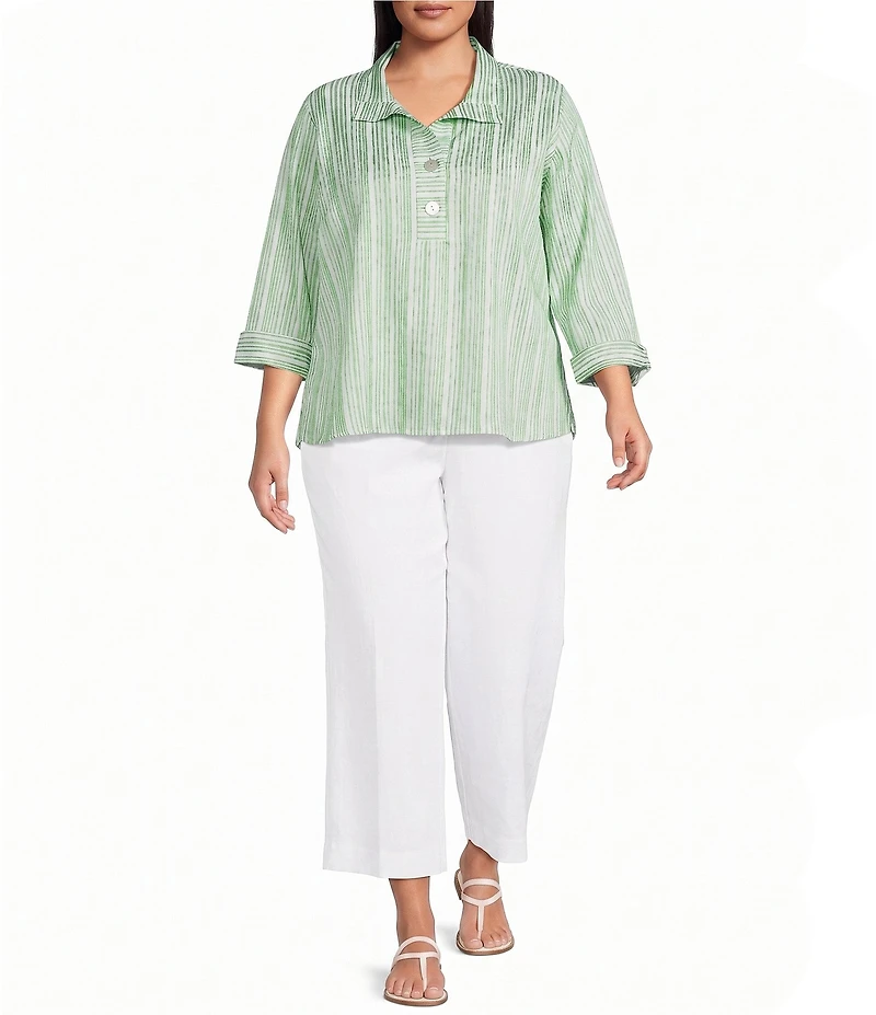 Ali Miles Plus Size Woven Yarn-Dyed Stripe Wire Collar 3/4 Sleeve Button Front Placket Shirt
