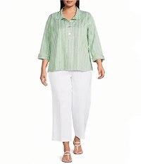 Ali Miles Plus Size Woven Yarn-Dyed Stripe Wire Collar 3/4 Sleeve Button Front Placket Shirt