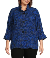 Ali Miles Plus Size Woven Zebra Leopard Print Wire Collar 3/4 Sleeve Button Front Tunic