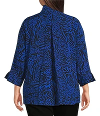 Ali Miles Plus Size Woven Zebra Leopard Print Wire Collar 3/4 Sleeve Button Front Tunic