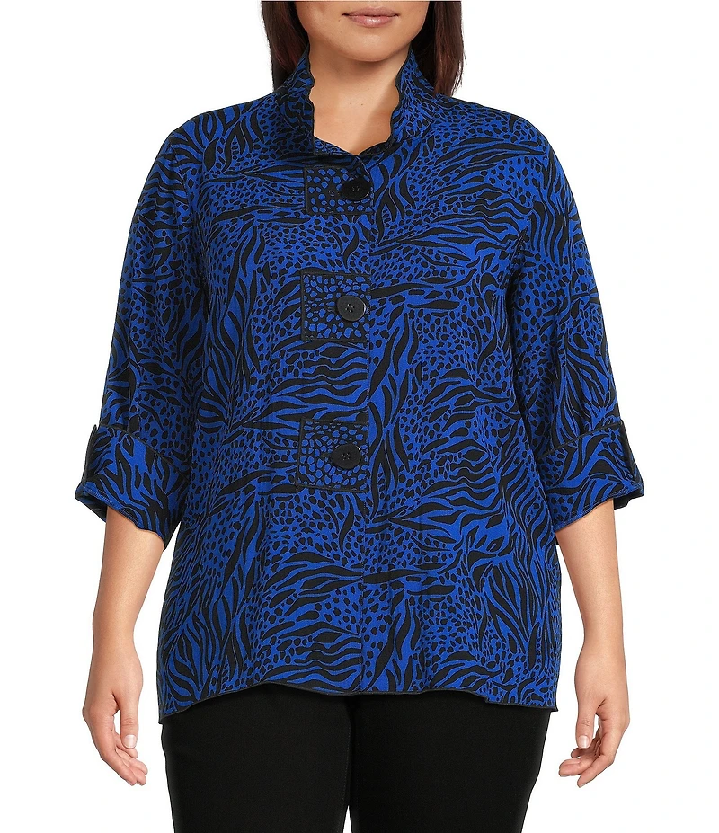 Ali Miles Plus Size Woven Zebra Leopard Print Wire Collar 3/4 Sleeve Button Front Tunic