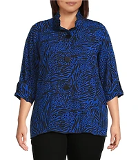 Ali Miles Plus Size Woven Zebra Leopard Print Wire Collar 3/4 Sleeve Button Front Tunic