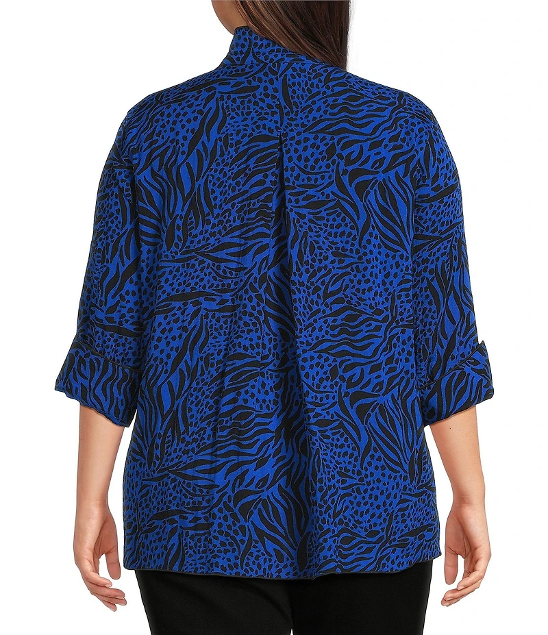 Ali Miles Plus Size Woven Zebra Leopard Print Wire Collar 3/4 Sleeve Button Front Tunic