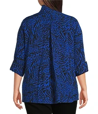 Ali Miles Plus Size Woven Zebra Leopard Print Wire Collar 3/4 Sleeve Button Front Tunic