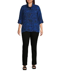 Ali Miles Plus Size Woven Zebra Leopard Print Wire Collar 3/4 Sleeve Button Front Tunic