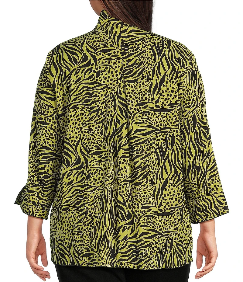 Ali Miles Plus Size Woven Zebra Leopard Print Wire Collar 3/4 Sleeve Button Front Tunic