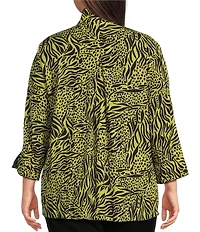 Ali Miles Plus Size Woven Zebra Leopard Print Wire Collar 3/4 Sleeve Button Front Tunic