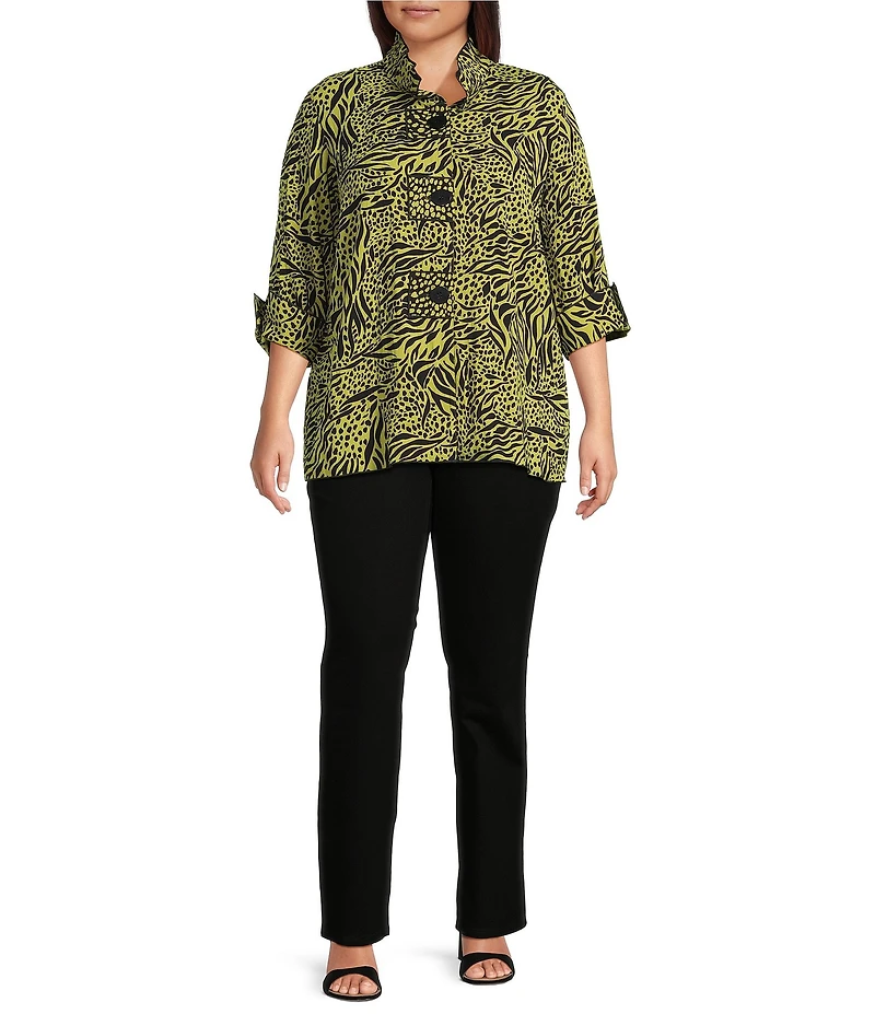 Ali Miles Plus Size Woven Zebra Leopard Print Wire Collar 3/4 Sleeve Button Front Tunic
