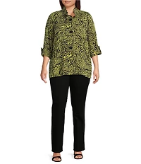 Ali Miles Plus Size Woven Zebra Leopard Print Wire Collar 3/4 Sleeve Button Front Tunic