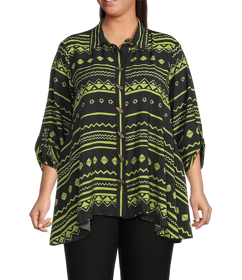 Ali Miles Plus Size Woven Zig-Zag Harmony Print Point Collar 3/4 Roll-Tab Sleeve Asymmetric Hem Button Front Tunic
