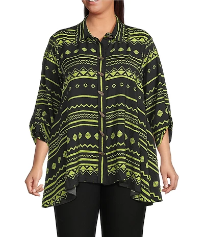 Ali Miles Plus Size Woven Zig-Zag Harmony Print Point Collar 3/4 Roll-Tab Sleeve Asymmetric Hem Button Front Tunic