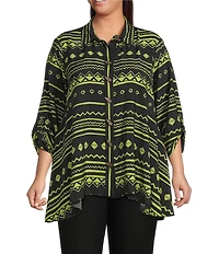 Ali Miles Plus Size Woven Zig-Zag Harmony Print Point Collar 3/4 Roll-Tab Sleeve Asymmetric Hem Button Front Tunic