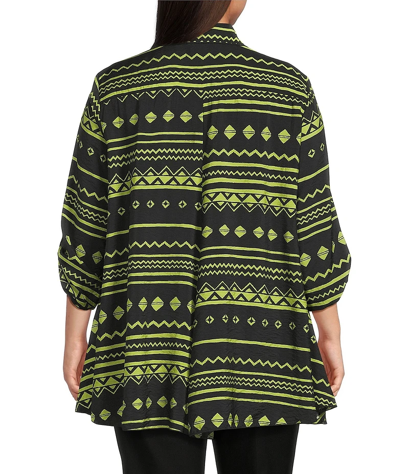 Ali Miles Plus Size Woven Zig-Zag Harmony Print Point Collar 3/4 Roll-Tab Sleeve Asymmetric Hem Button Front Tunic