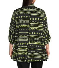 Ali Miles Plus Size Woven Zig-Zag Harmony Print Point Collar 3/4 Roll-Tab Sleeve Asymmetric Hem Button Front Tunic